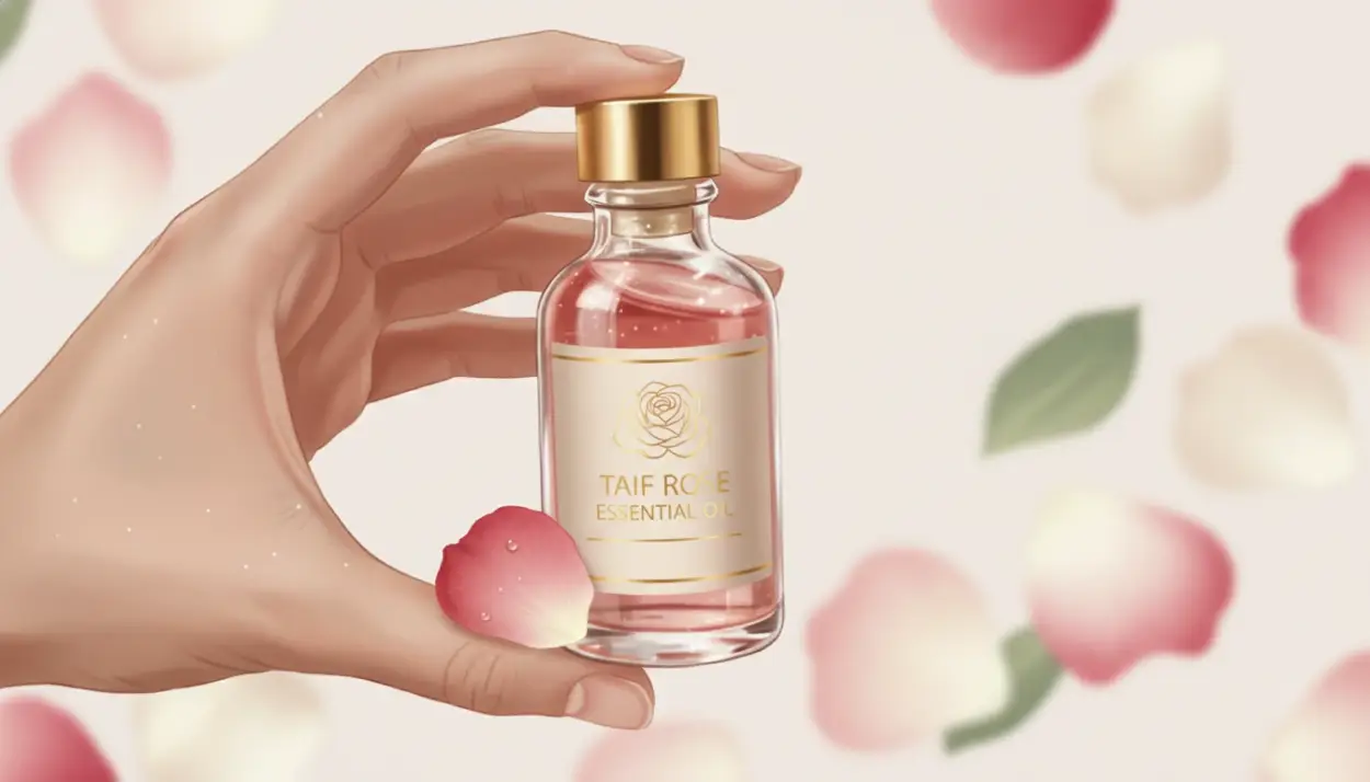 a small glass bottle of Taif Rose essential oil