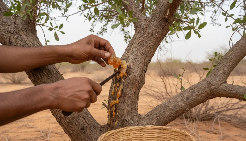 harvesting frankincense resin from a Boswellia tree