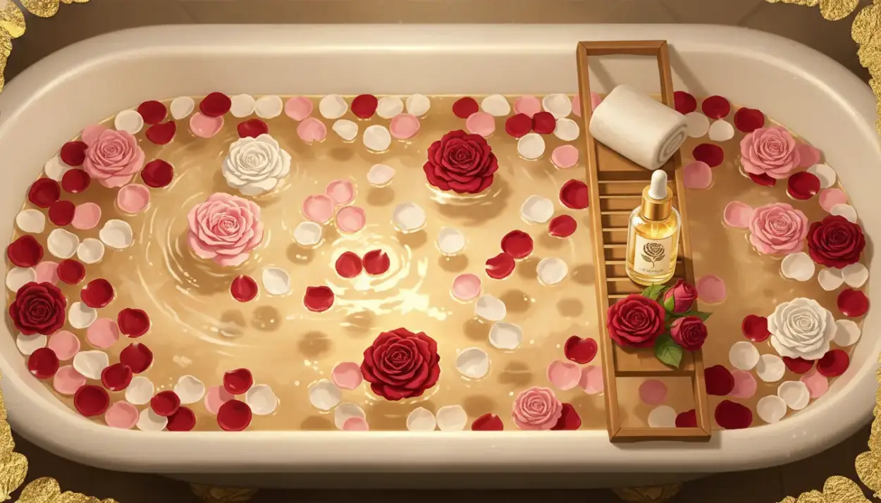 luxurious bath scene with floating Taif rose petals, a small essential oil