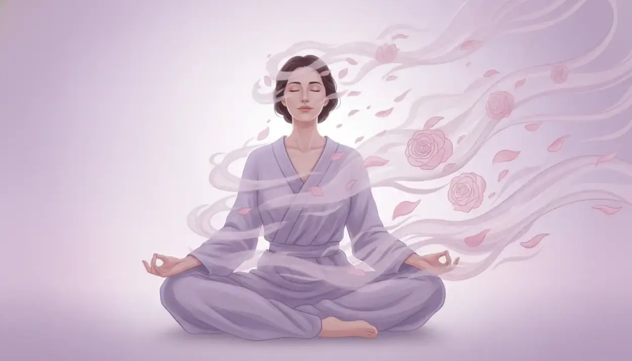 relaxation and stress reduction, with soft, swirling rose-scented air