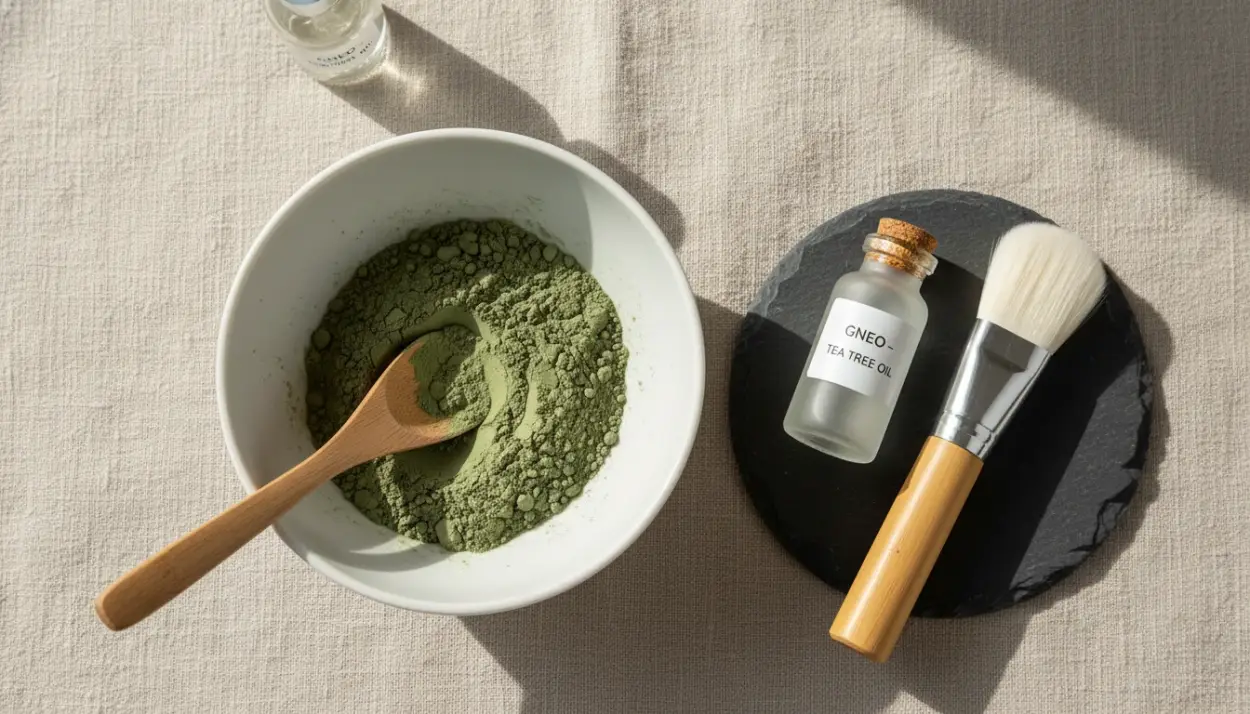 DIY face mask preparation station with a bowl of green clay, a bottle of tea tree oil, a mixing brush, and a spoon