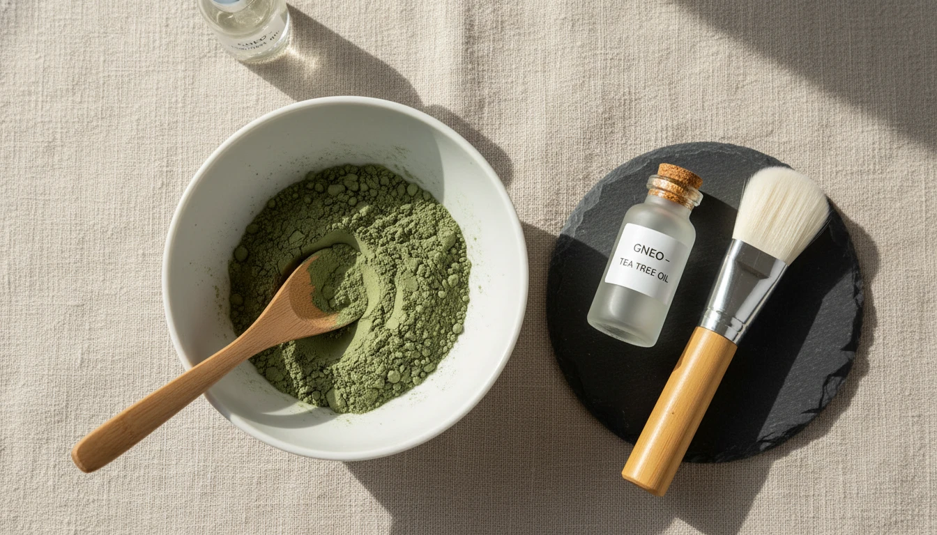 DIY face mask preparation station with a bowl of green clay, a bottle of tea tree oil, a mixing brush, and a spoon