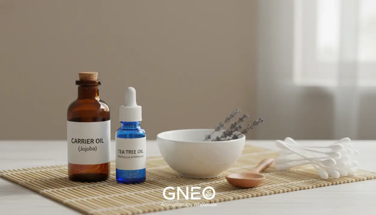 DIY nail care kit including a small bowl, a carrier oil bottle, tea tree oil, and cotton swabs