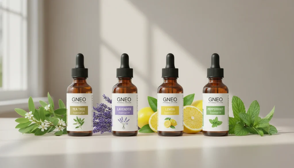 Tea Tree, Lavender, Lemon, and Peppermint, with their respective botanical ingredients