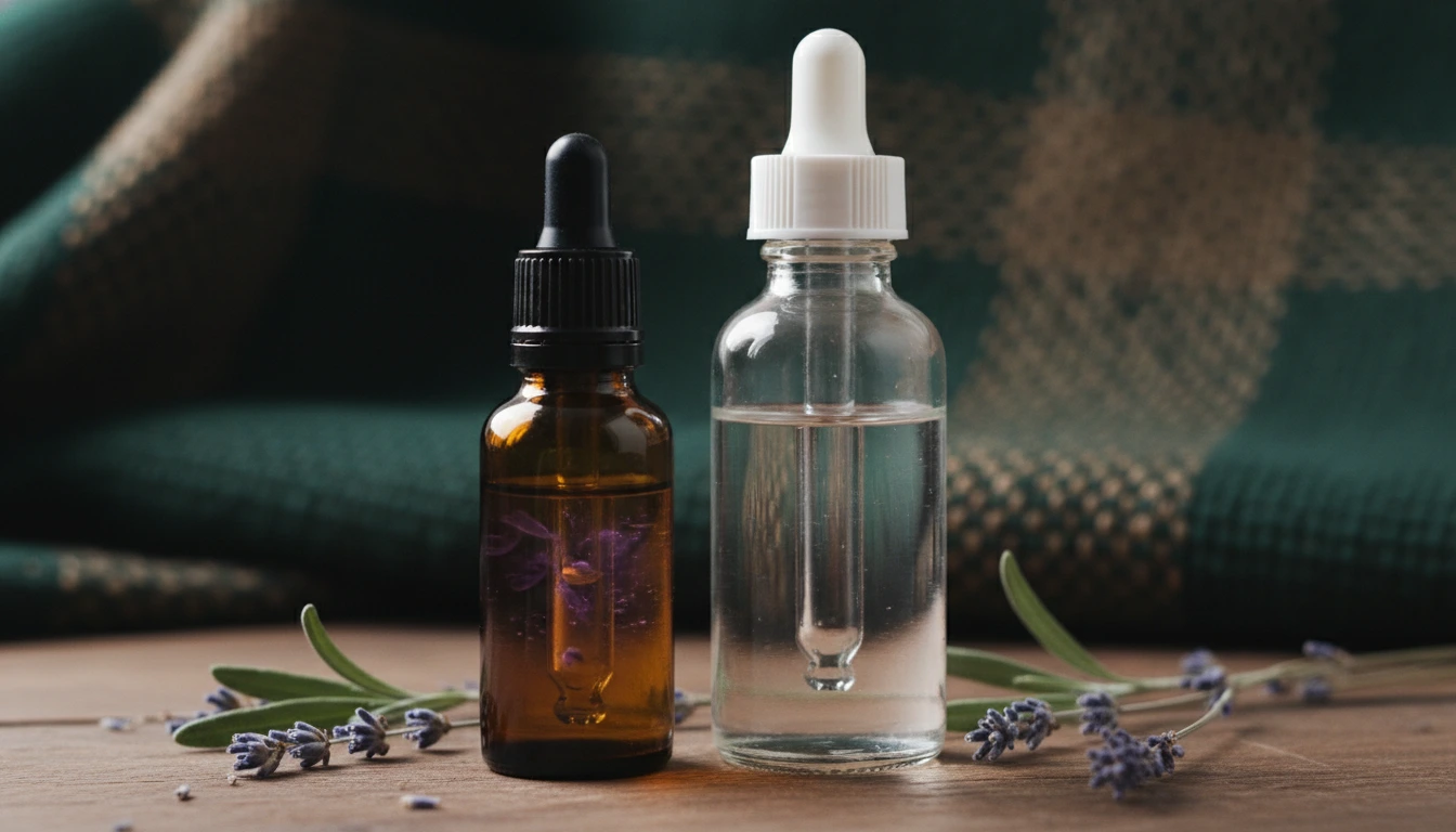 amber glass bottle of lavender essential oil next to a larger bottle of clear carrier oil