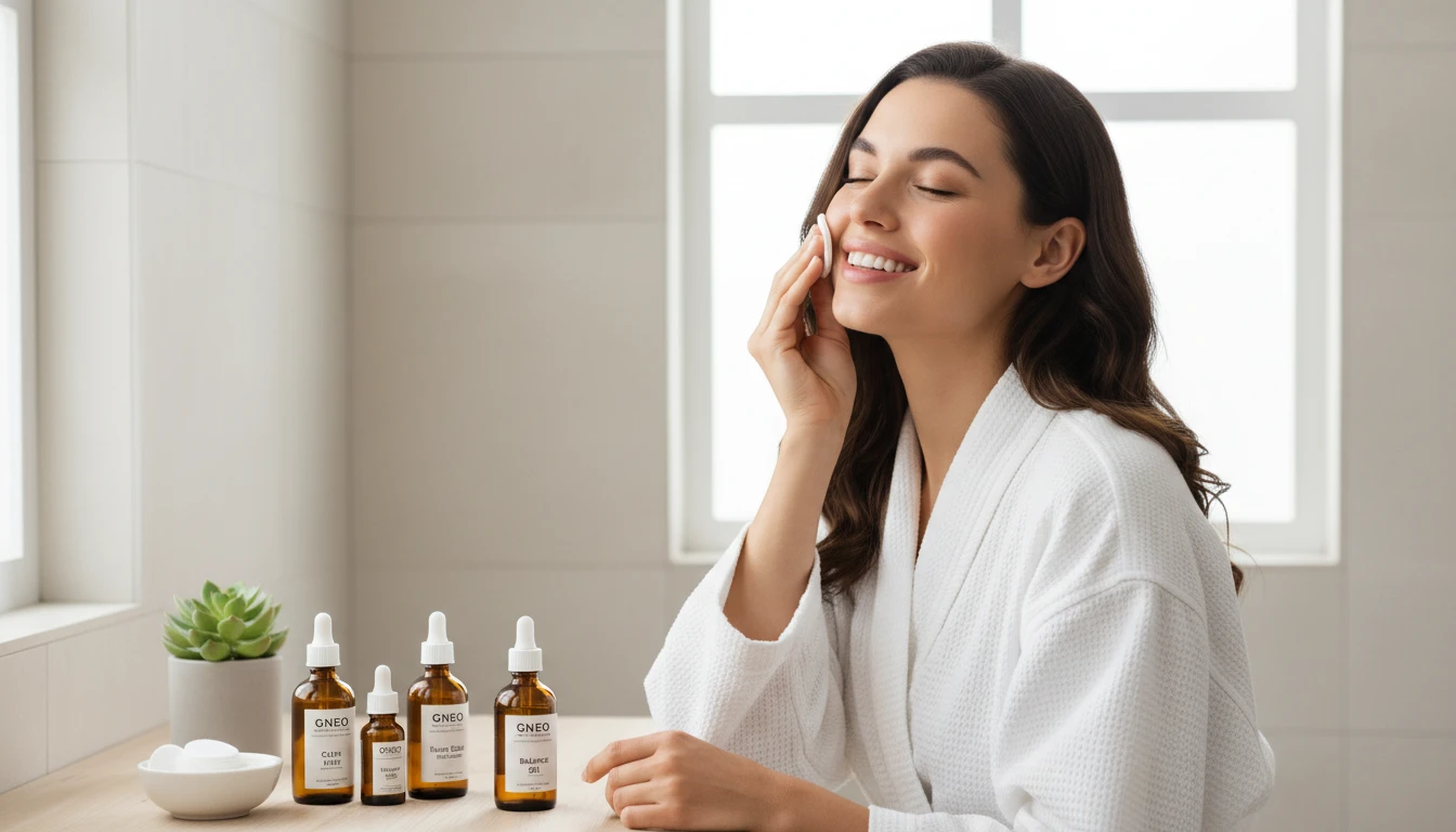 applying a diluted oil mixture to her face with a cotton pad, looking refreshed