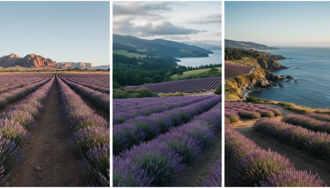 arid desert, lush valley, coastal area lavender farms