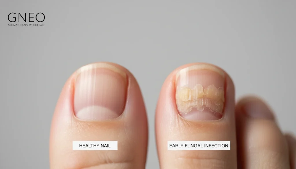 comparing a healthy pink nail texture versus a nail with early signs of discoloration and thickening