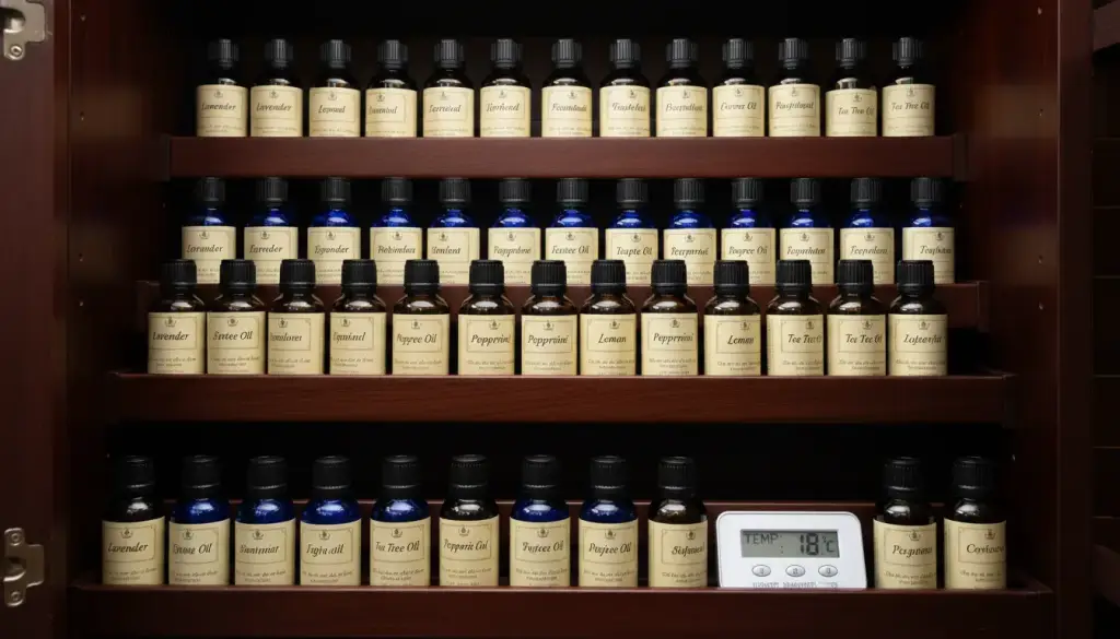 essential oil bottles stored correctly in a dark