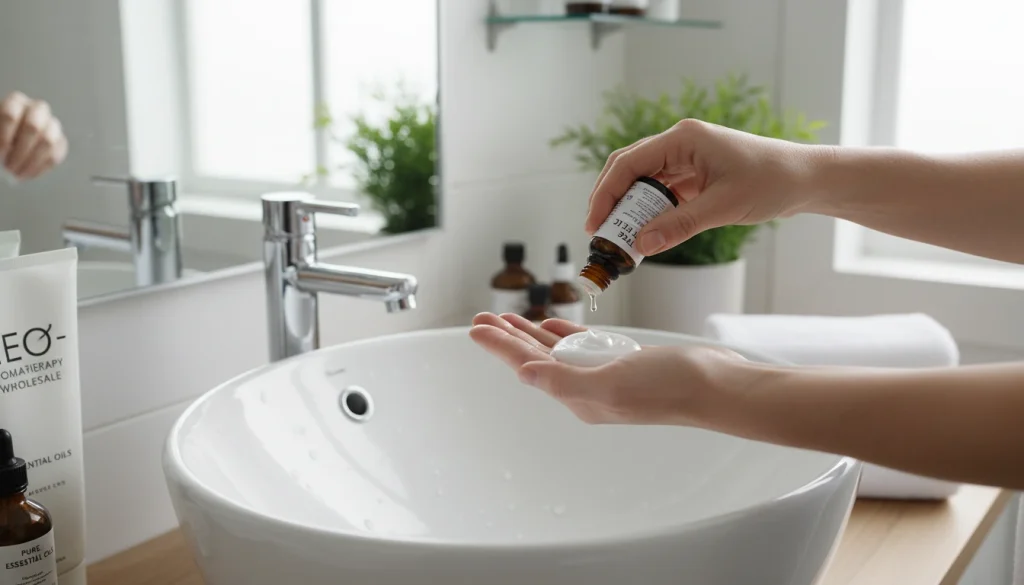 mixing a few drops of tea tree oil into a dollop of shampoo in a palm