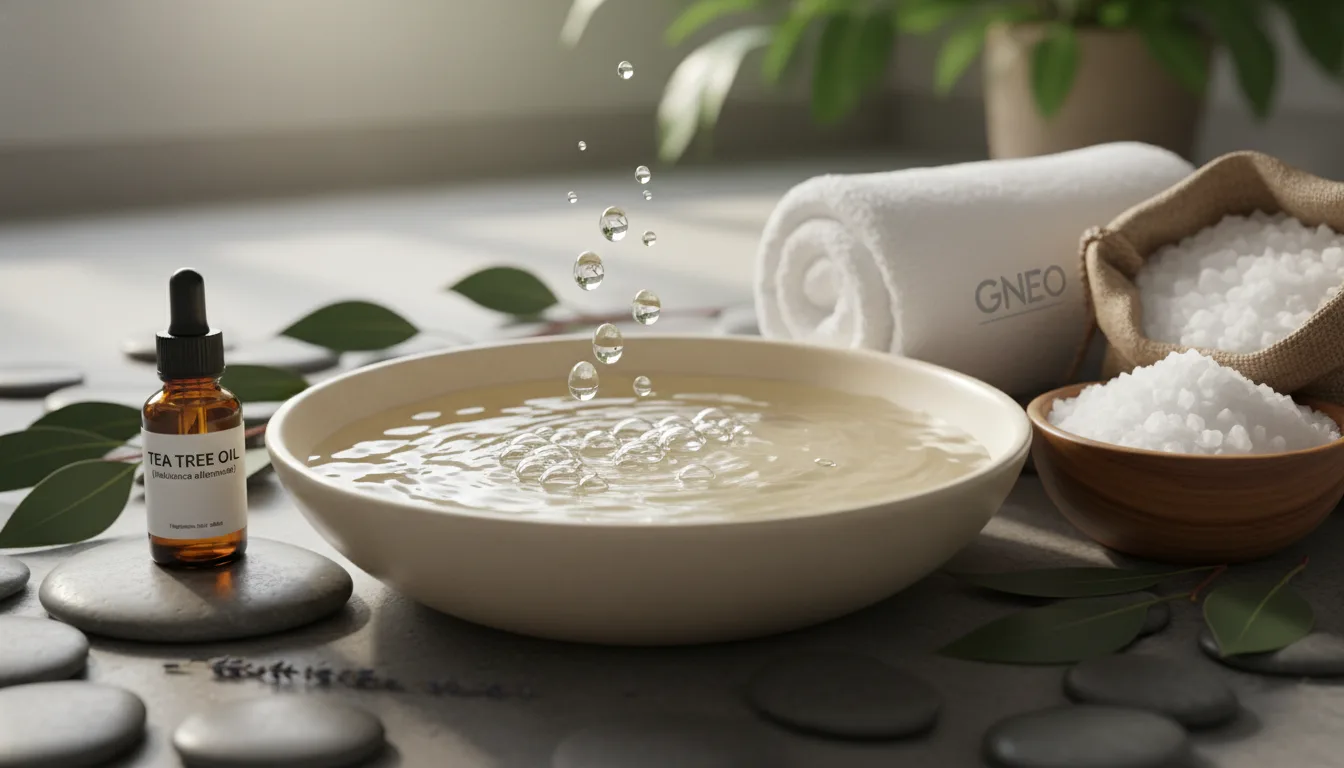 relaxing foot bath setup with tea tree oil, epsom salts, and a towel, creating a spa-like atmosphere