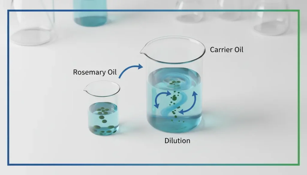 rosemary oil (small, concentrated drops) mixes with a carrier oil (larger volume)