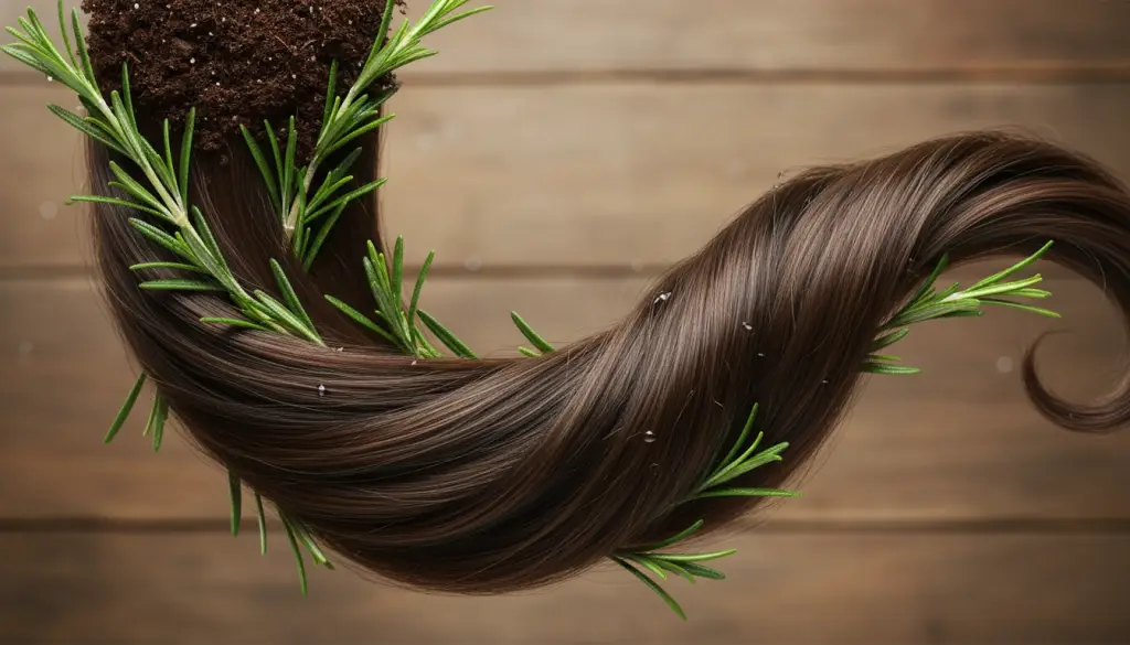 rosemary sprigs and a healthy, shiny lock of hair