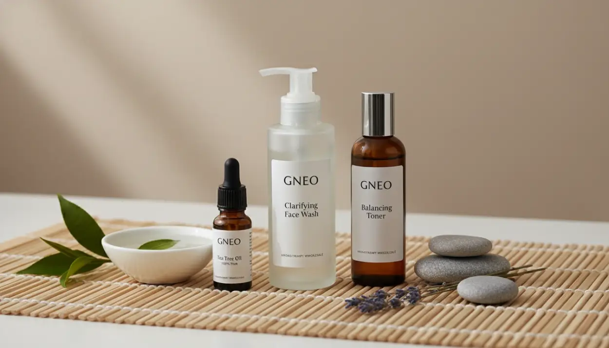 skincare products including a face wash, a toner bottle, and a small vial of tea tree oil