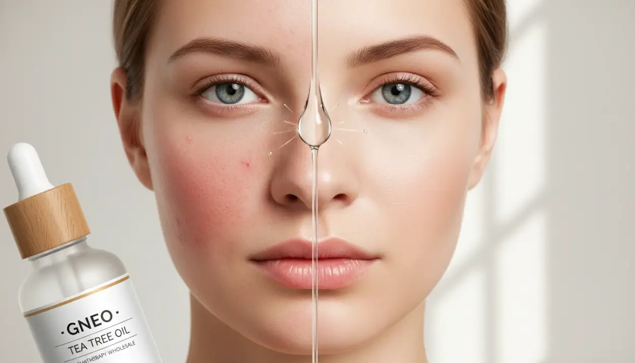 split face, one side showing redness and blemishes, the other side glowing and clear, with a drop of tea tree oil transitioning the two sides