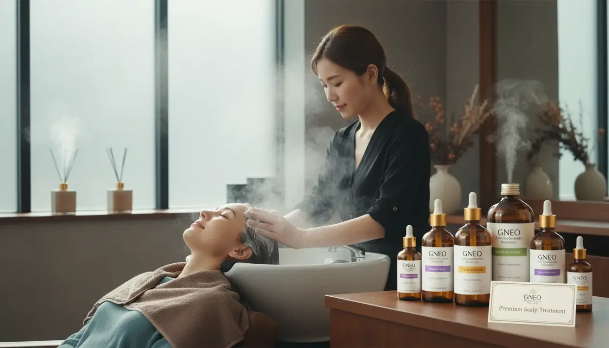 stylist massaging a treatment into a client's scalp, steam rising, relaxing atmosphere