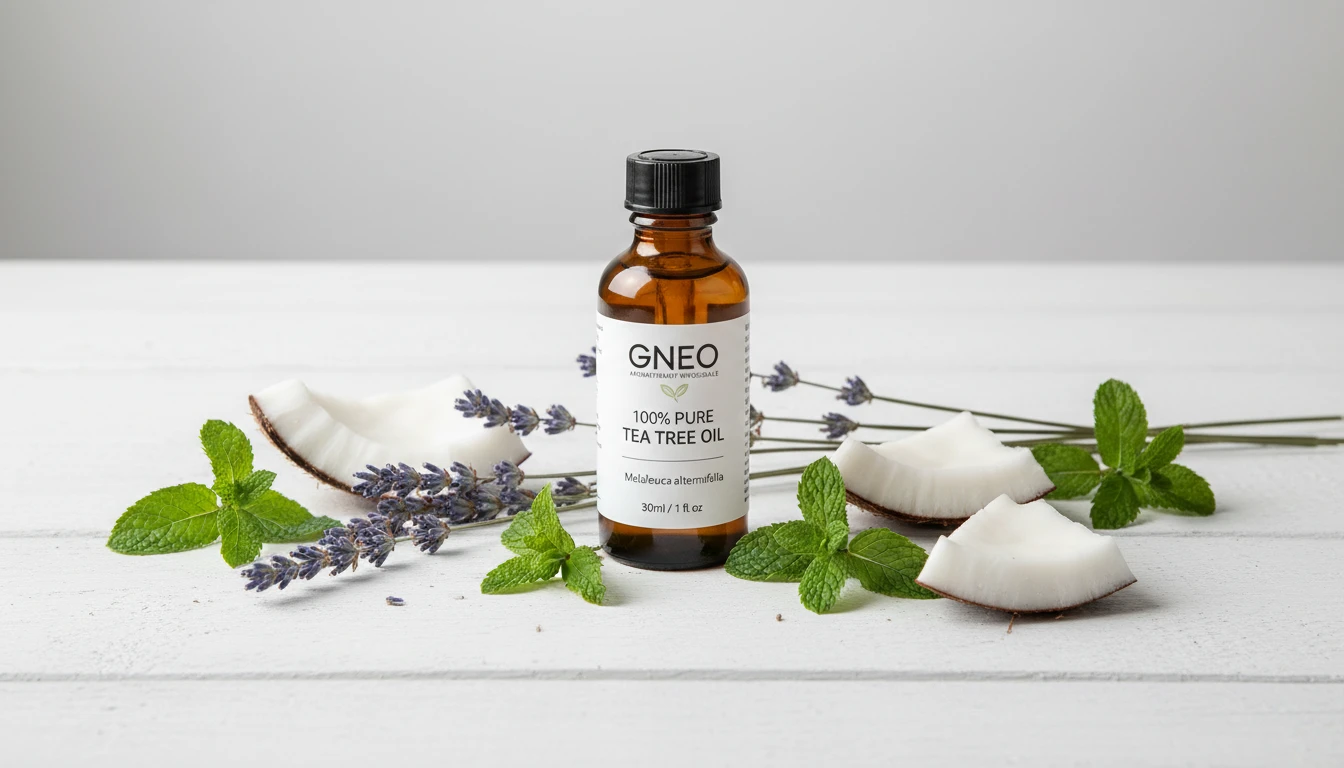 tea tree oil bottle surrounded by pairing ingredients lavender sprigs, coconut chunks, and peppermint leaves