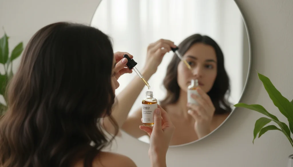 woman applying a scalp serum with a dropper