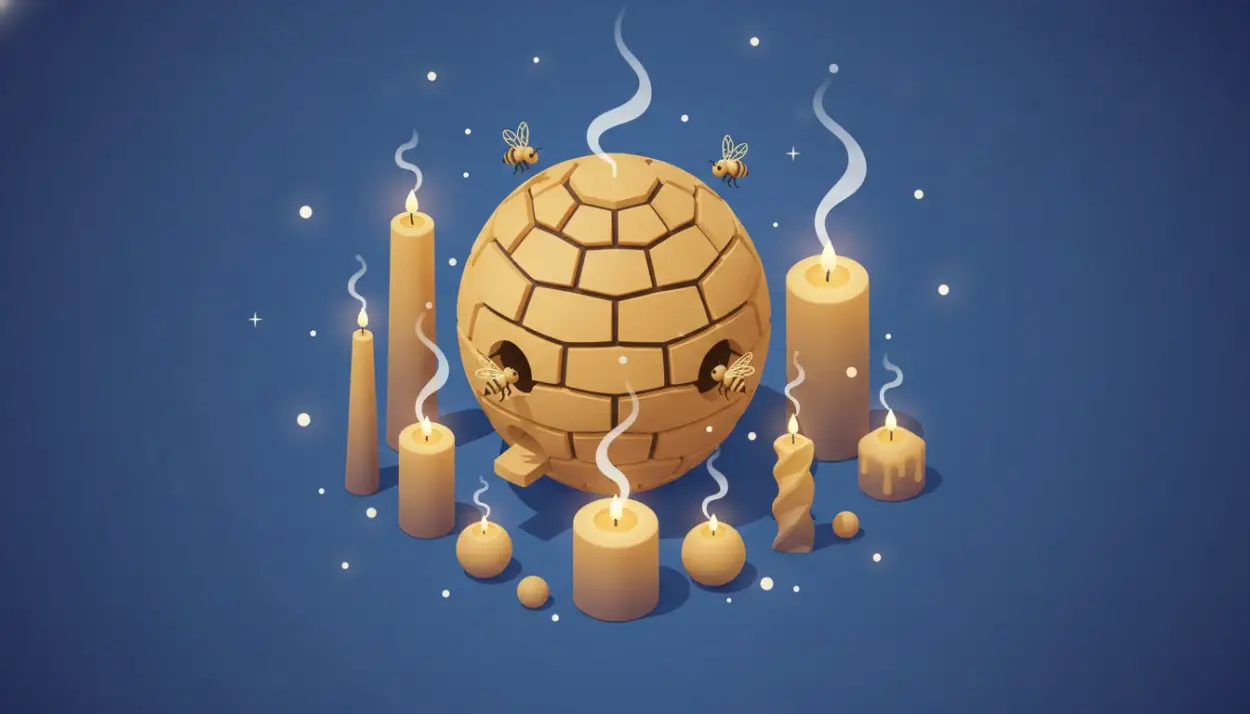 beehive with bees, surrounded by glowing beeswax candles of various shapes