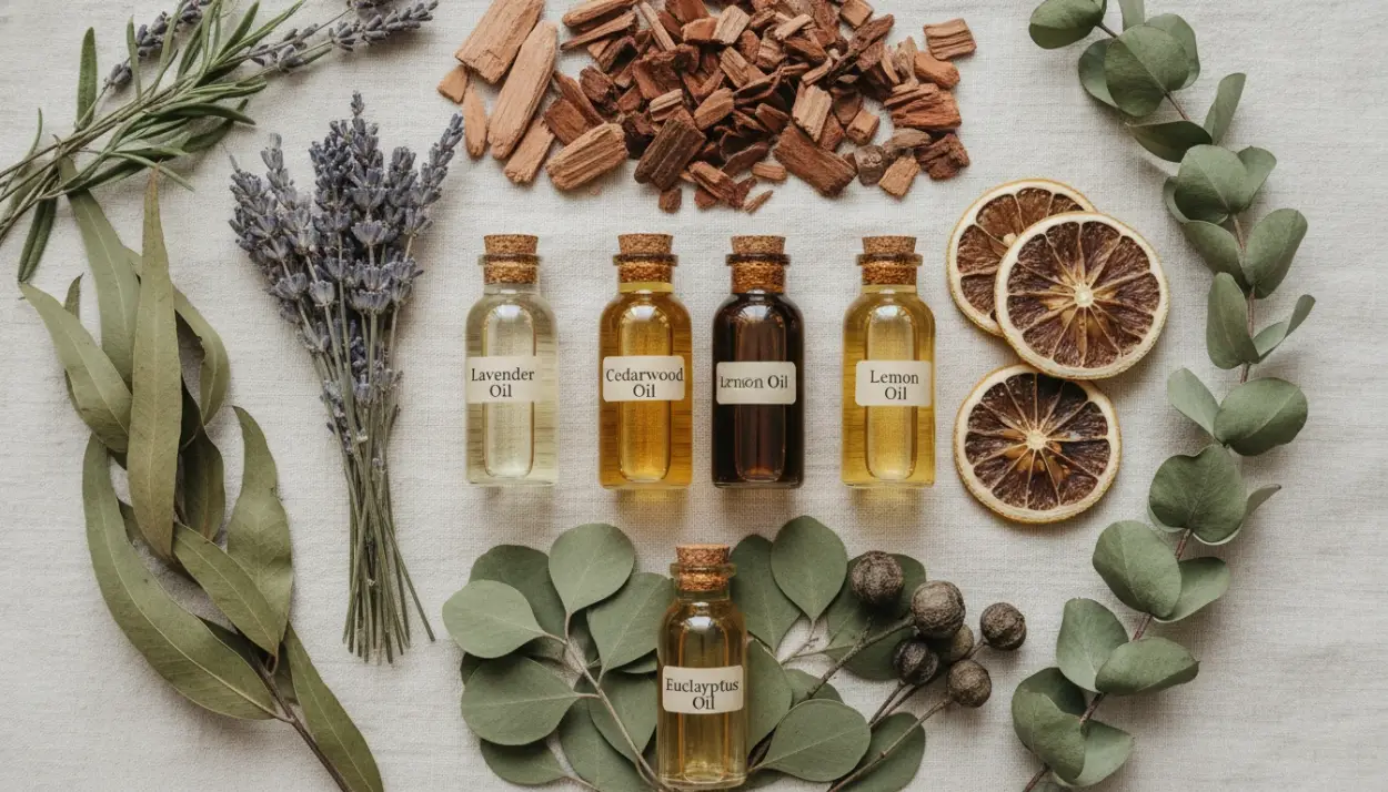 dried botanicals (lavender sprigs, lemon slices, eucalyptus leaves, cedarwood chips)
