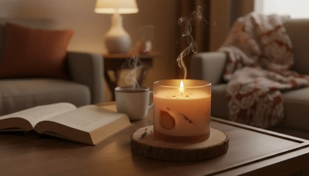 finished, beautifully crafted essential oil candle burning gently in a cozy living room