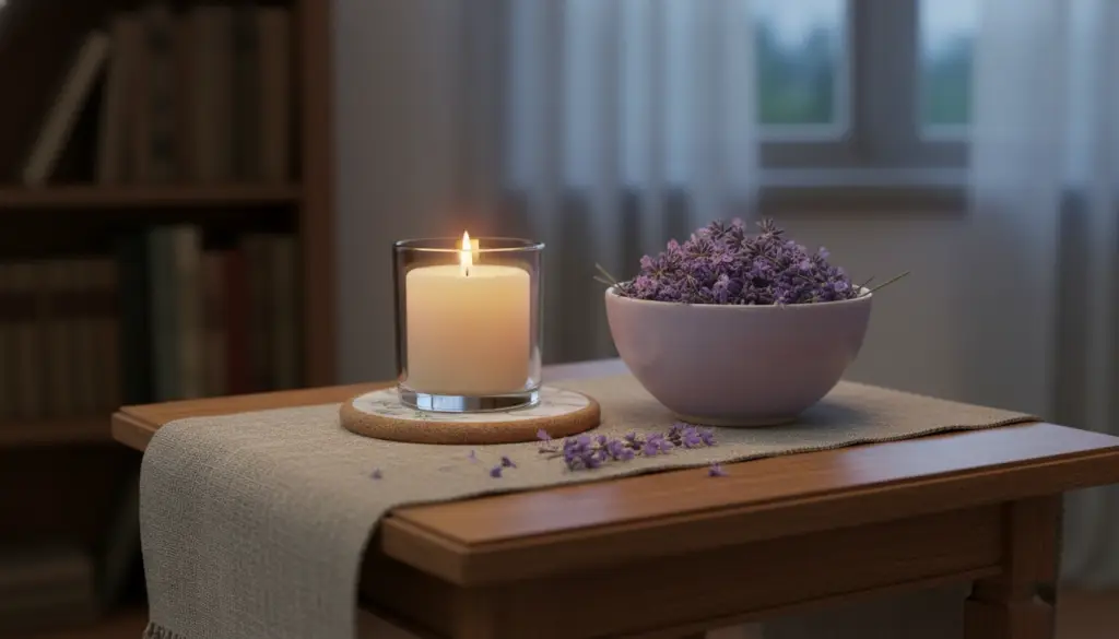 lit candle and a bowl of fresh lavender flowers