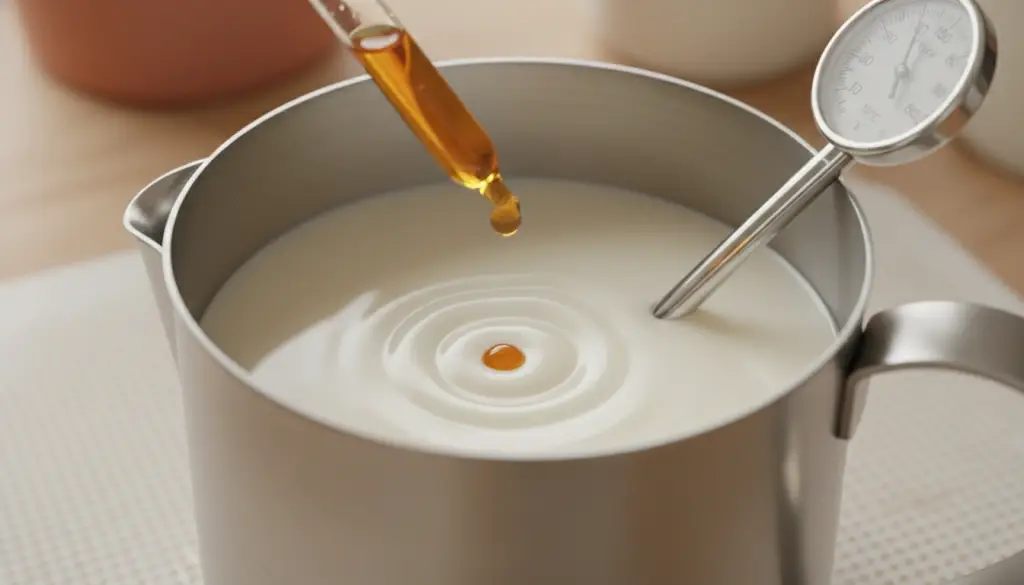 process of adding essential oil to melted soy wax in a pouring pitcher