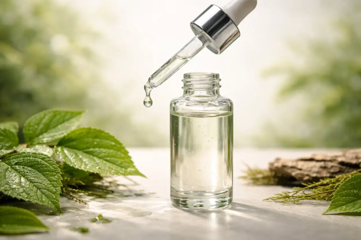 transparent glass dropper bottle with clear botanical extract
